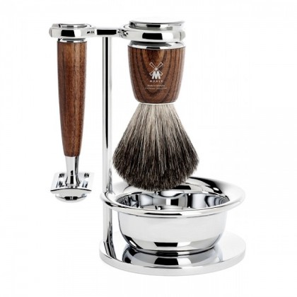 Set de barbierit aparat clasic cu pamatuf par bursuc si maner lemn frasin S81H220SSR